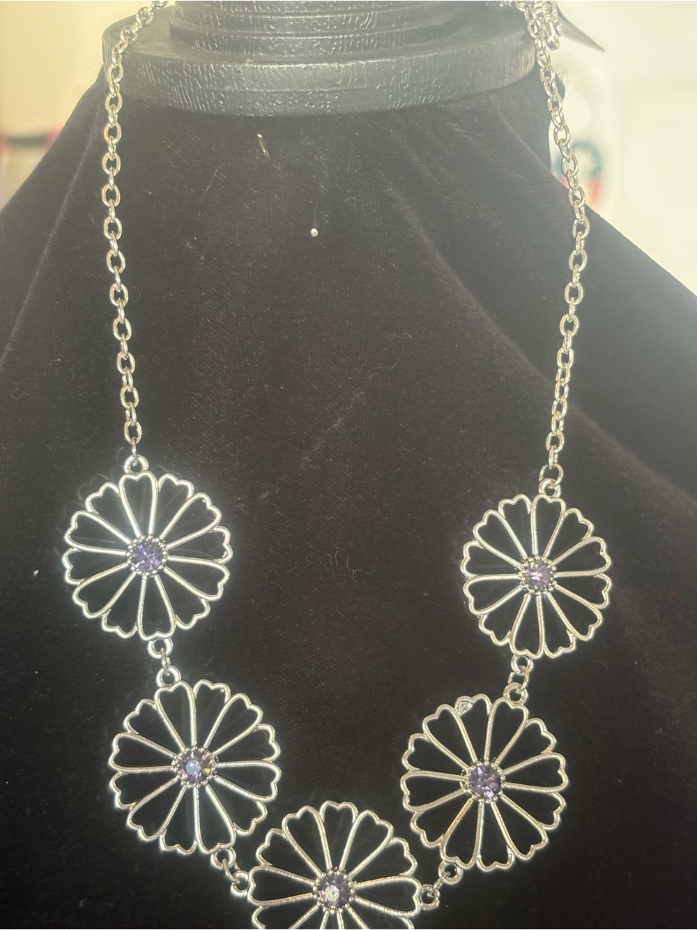 Silver Floral Pendant Necklace with Purple Accents